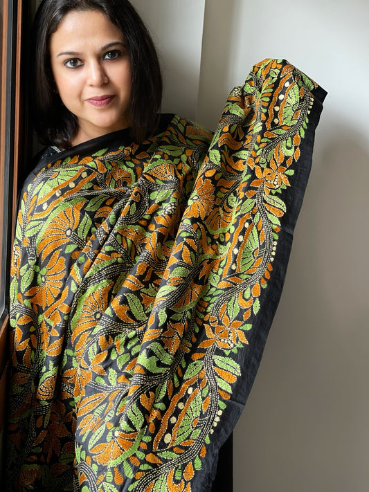 Black Handmade Nakshi Kantha Dupatta in Pure Silk
