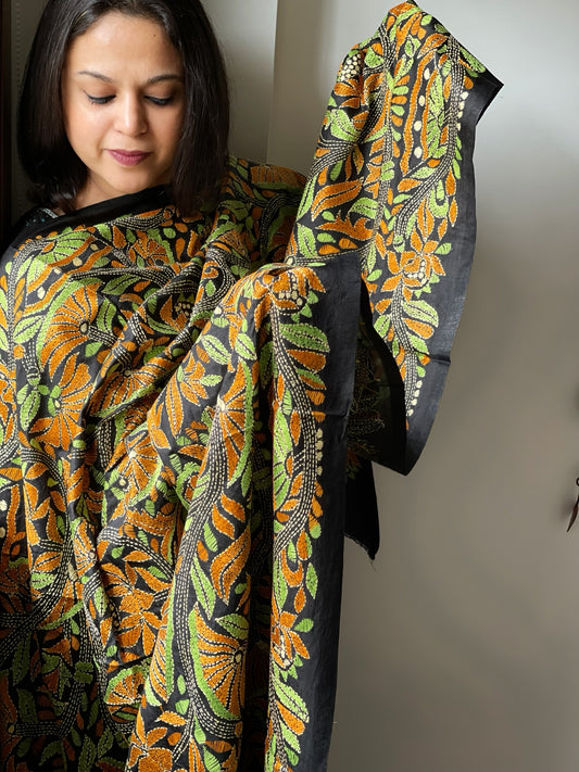 Black Handmade Nakshi Kantha Dupatta in Pure Silk