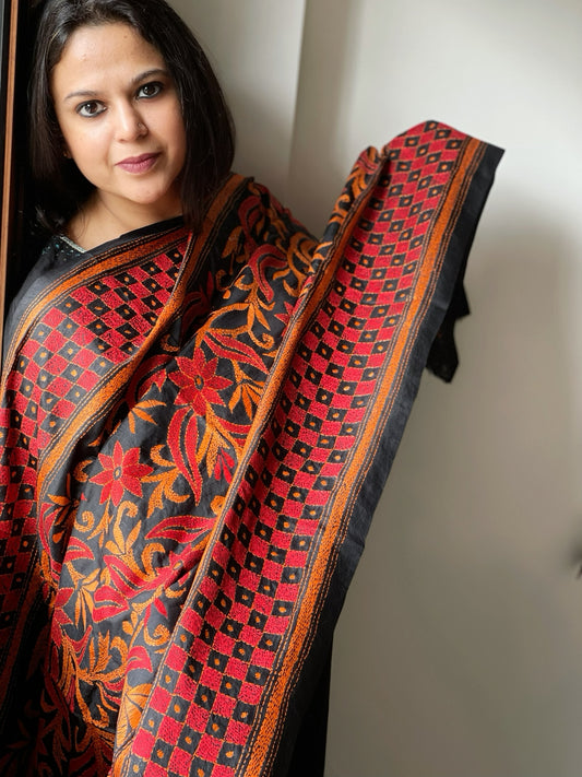 Black Handmade Nakshi Kantha Dupatta in Pure Silk