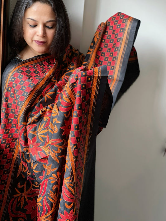 Black Handmade Nakshi Kantha Dupatta in Pure Silk