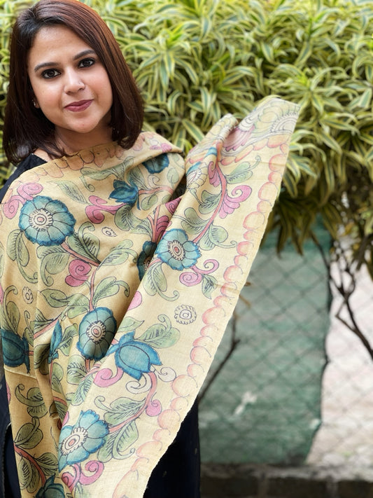 Handpainted Kalamkari Dupatta in Tussar Silk