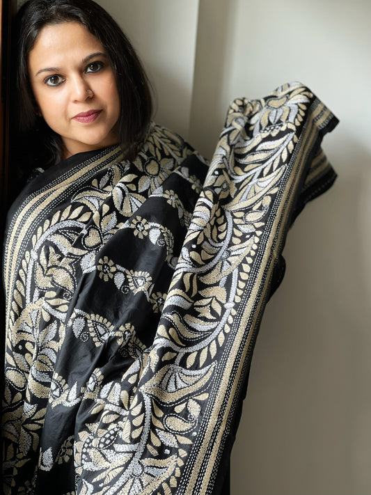 Black Handmade Nakshi Kantha Dupatta in Pure Silk