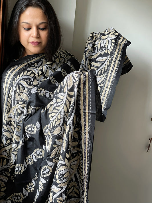 Black Handmade Nakshi Kantha Dupatta in Pure Silk