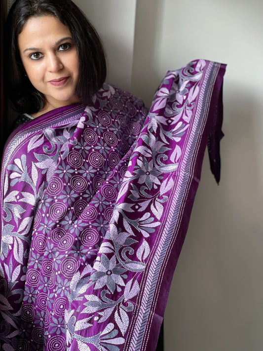 Purple Handmade Nakshi Kantha Dupatta in Pure Silk