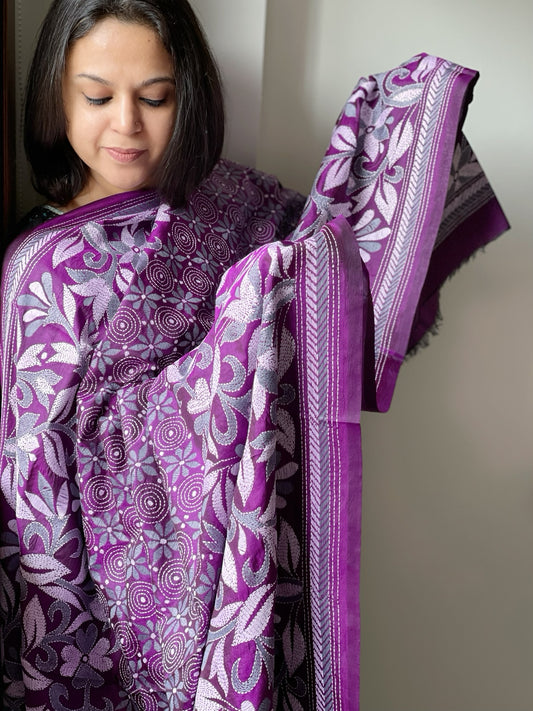 Purple Handmade Nakshi Kantha Dupatta in Pure Silk