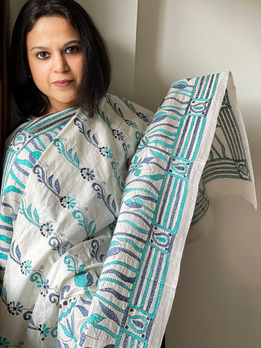 White Handmade Nakshi Kantha Dupatta in Pure Silk