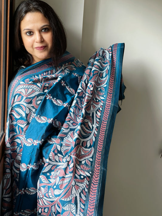 Teal Blue Handmade Nakshi Kantha Dupatta in Pure Silk