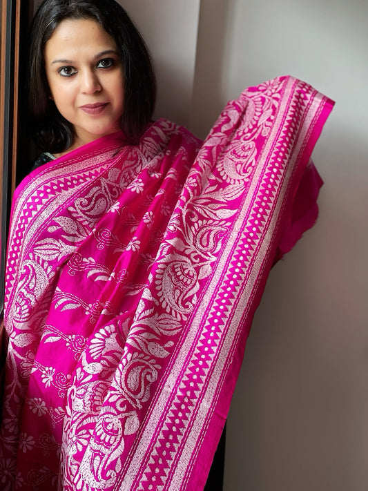 Pink Handmade Nakshi Kantha Dupatta in Pure Silk
