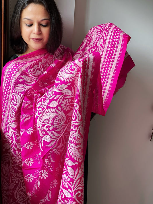 Pink Handmade Nakshi Kantha Dupatta in Pure Silk