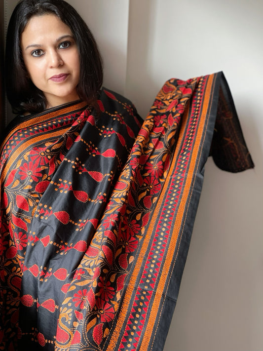 Black Handmade Nakshi Kantha Dupatta in Pure Silk