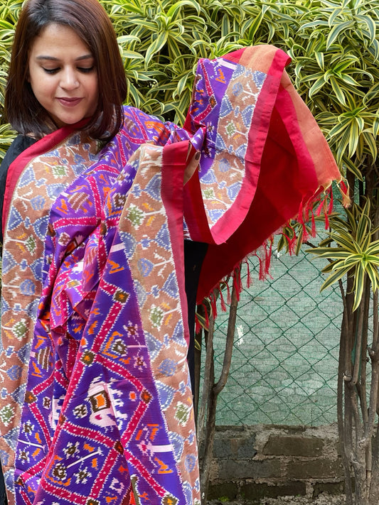 Purple Handwoven Ikat Patola Dupatta in Pure Silk