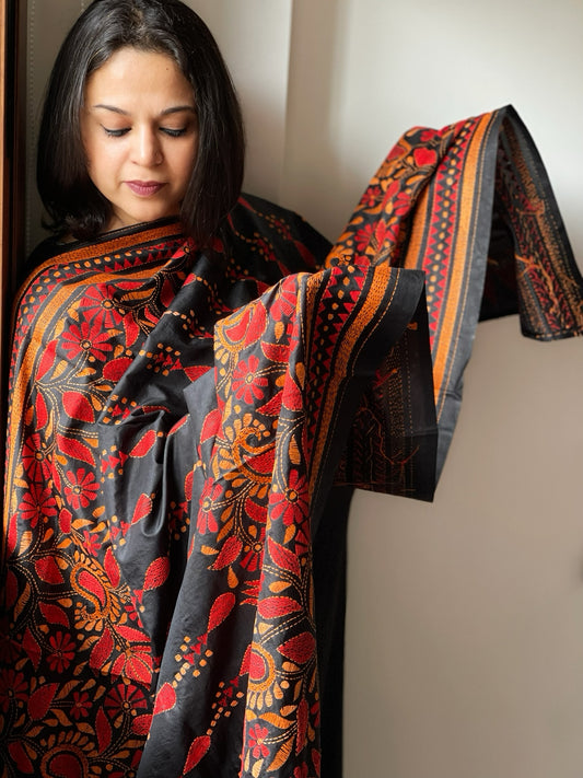 Black Handmade Nakshi Kantha Dupatta in Pure Silk