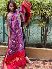 Purple Handwoven Ikat Patola Dupatta in Pure Silk