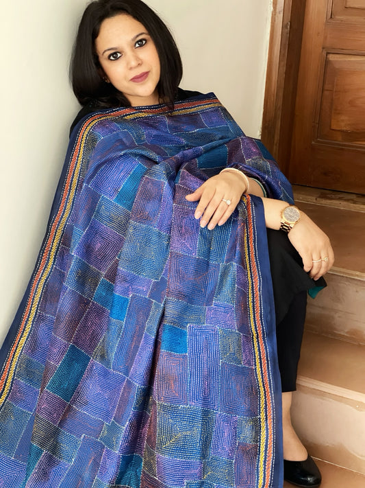 Blue Handmade Kantha Dupatta in Silk