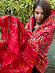 Red Handwoven Ikat Patola Dupatta in Pure Silk