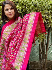 Pink Handwoven Ikat Patola Dupatta in Pure Silk