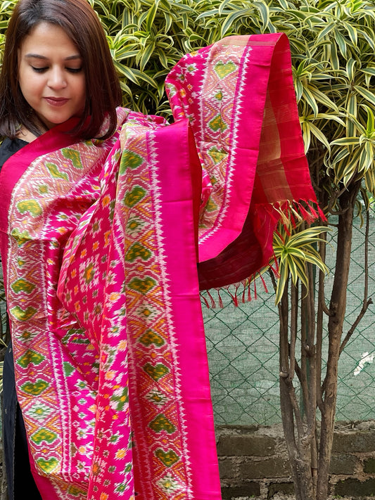 Pink Handwoven Ikat Patola Dupatta in Pure Silk