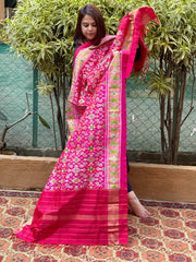 Pink Handwoven Ikat Patola Dupatta in Pure Silk