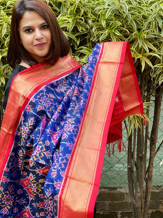 Blue Handwoven Ikat Patola Dupatta in Pure Silk
