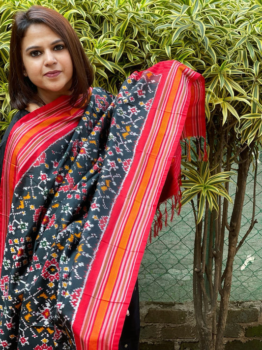 Greenish Black Handwoven Ikat Patola Dupatta in Pure Silk