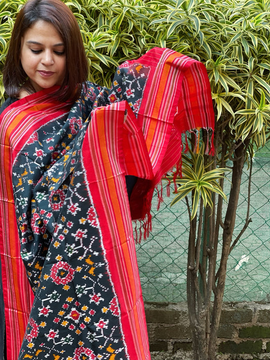 Greenish Black Handwoven Ikat Patola Dupatta in Pure Silk