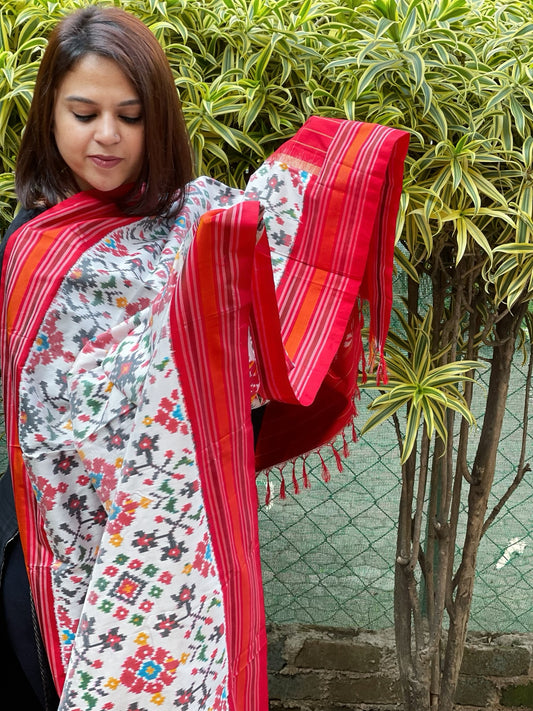 White Handwoven Ikat Patola Dupatta in Pure Silk