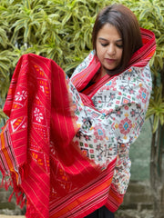 White Handwoven Ikat Patola Dupatta in Pure Silk