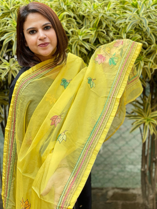 Yellow Organza dupatta with Kantha Stitch Handwork