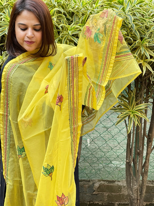 Yellow Organza dupatta with Kantha Stitch Handwork