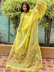 Yellow Organza dupatta with Kantha Stitch Handwork