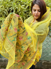 Yellow Organza dupatta with Kantha Stitch Handwork