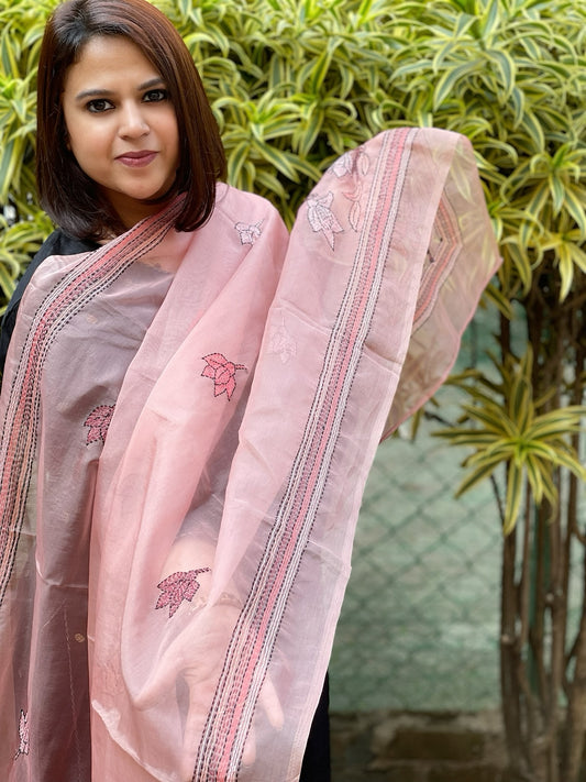 Pink Organza dupatta with Kantha Stitch Handwork