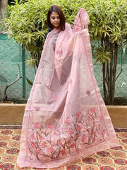 Pink Organza dupatta with Kantha Stitch Handwork