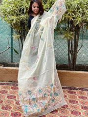 Lime Yellow Organza dupatta with Kantha Stitch Handwork