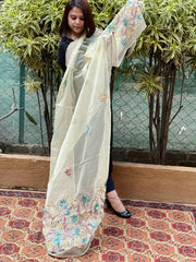 Lime Yellow Organza dupatta with Kantha Stitch Handwork