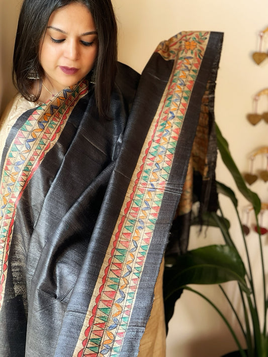 Black Handpainted Madhubani Dupatta in Pure Tussar Silk