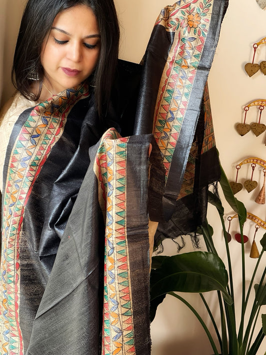 Black Handpainted Madhubani Dupatta in Pure Tussar Silk