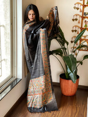 Black Handpainted Madhubani Dupatta in Pure Tussar Silk