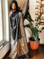 Black Handpainted Madhubani Dupatta in Pure Tussar Silk