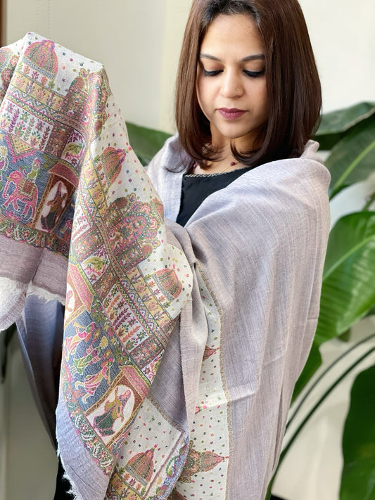 Purplish Grey Pashmina Shawl with Shehnai Baraat Kaani Pallu