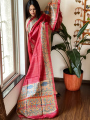 Red Handpainted Madhubani Dupatta in Pure Tussar Silk