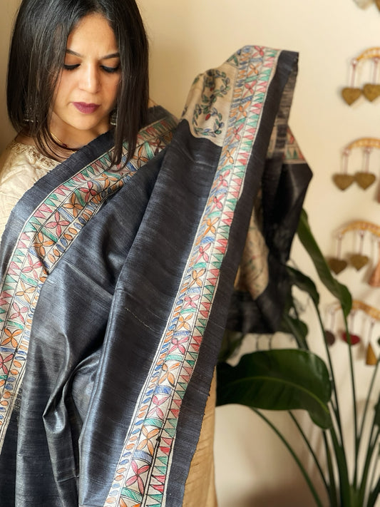 Charcoal Black Handpainted Madhubani Dupatta in Pure Tussar Silk