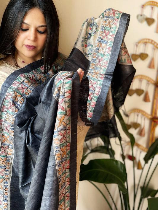 Charcoal Black Handpainted Madhubani Dupatta in Pure Tussar Silk