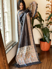 Charcoal Black Handpainted Madhubani Dupatta in Pure Tussar Silk