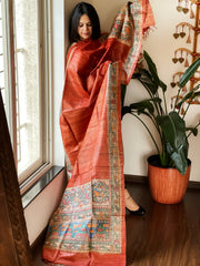 Orange Handpainted Madhubani Dupatta in Pure Tussar Silk