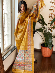 Yellow Handpainted Madhubani Dupatta in Pure Tussar Silk