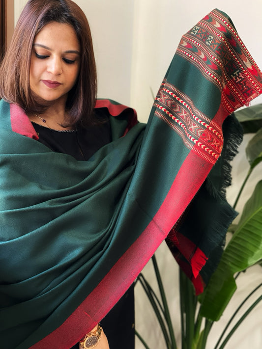 Dark Green Woven Kullu Woollen Shawl