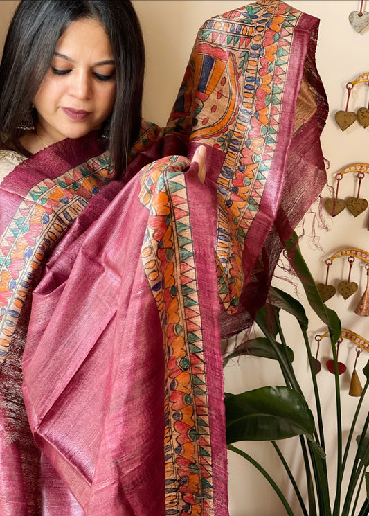 Maroon Handpainted Madhubani Dupatta in Pure Tussar Silk