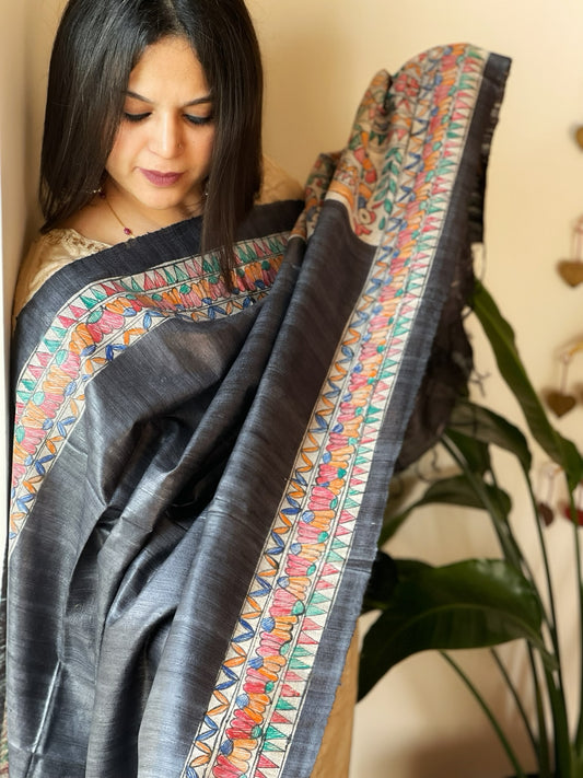 Black Handpainted Madhubani Dupatta in Pure Tussar Silk