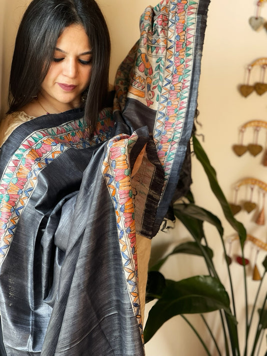 Black Handpainted Madhubani Dupatta in Pure Tussar Silk